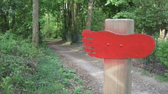 roter Fuß Wegweiser im Wald