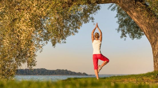 Frau macht Yoga am See unter einem Baum